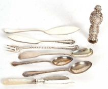 Mixed Lot: A Georgian long handle mustard spoon, Exeter 1805, two silver butter knives and a