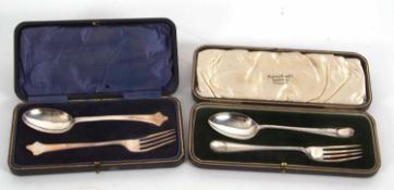 Two cased silver Christening spoon and fork sets, one for Sheffield 1904, Mappin & Webb and the