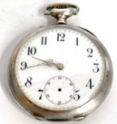 A white metal pocket watch, stamped in the case back 0.800 and features a crown wound movement, it
