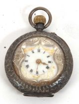 A white metal lady's pocket watch, stamped in the case back 925, it has a manually crown wound
