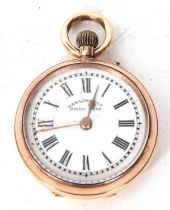 A yellow metal open face ladies fob watch, the inside of the case back is stamped 14k, circa 1910 by