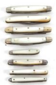 A group of eight various mother of pearl handled fruit knives with steel blades, 4cm to 6.5cm long