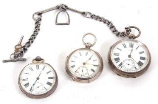 Three silver pocket watches and a chain, all pocket watches are hallmarked inside of the case back