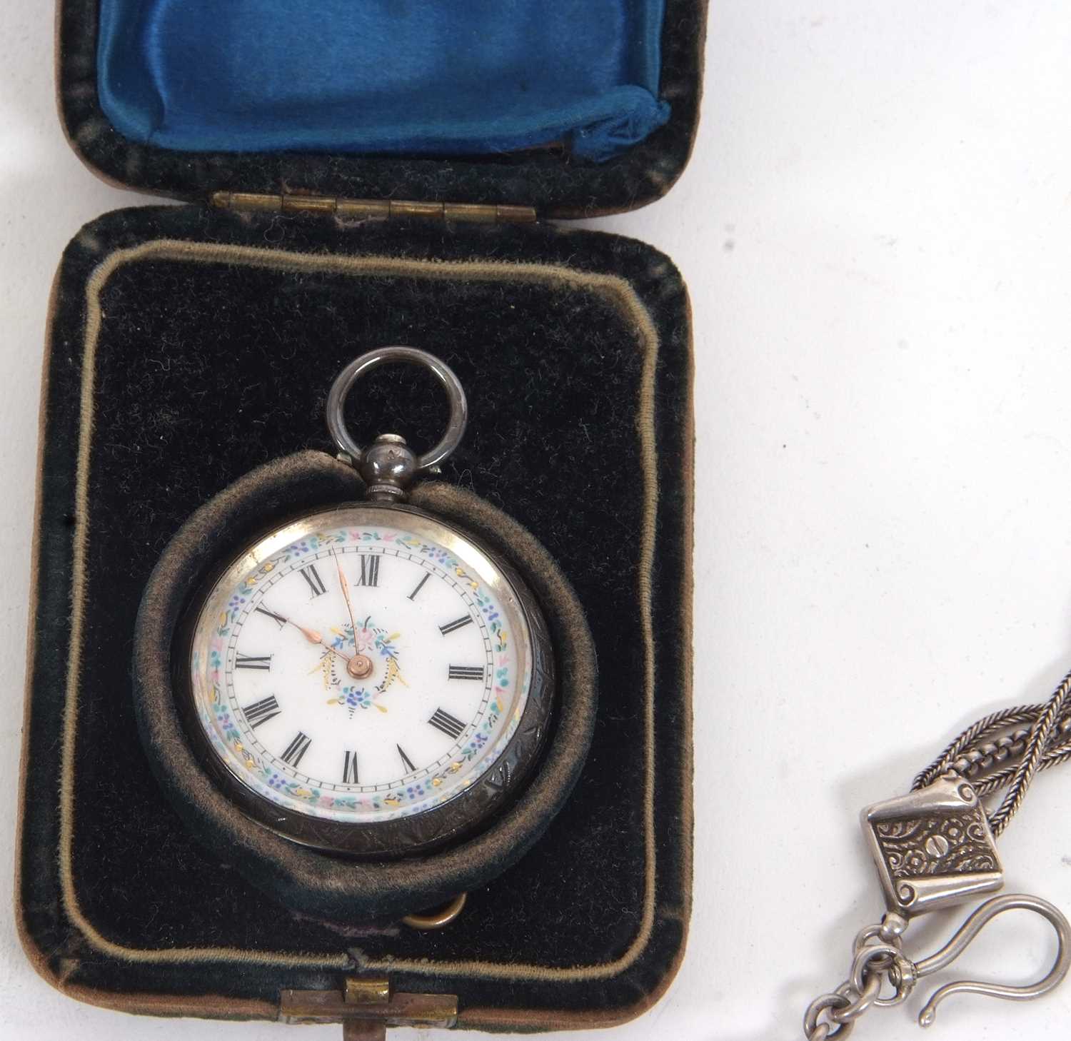 Two white metal lady's pocket watches and a chain the case backs are both stamped 0.935 on the - Image 5 of 8