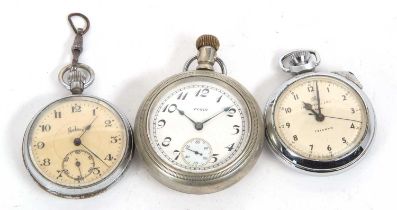 A lot of three pocket watches to include an Ingosol, an Elgin and a Federal, all have manually crown