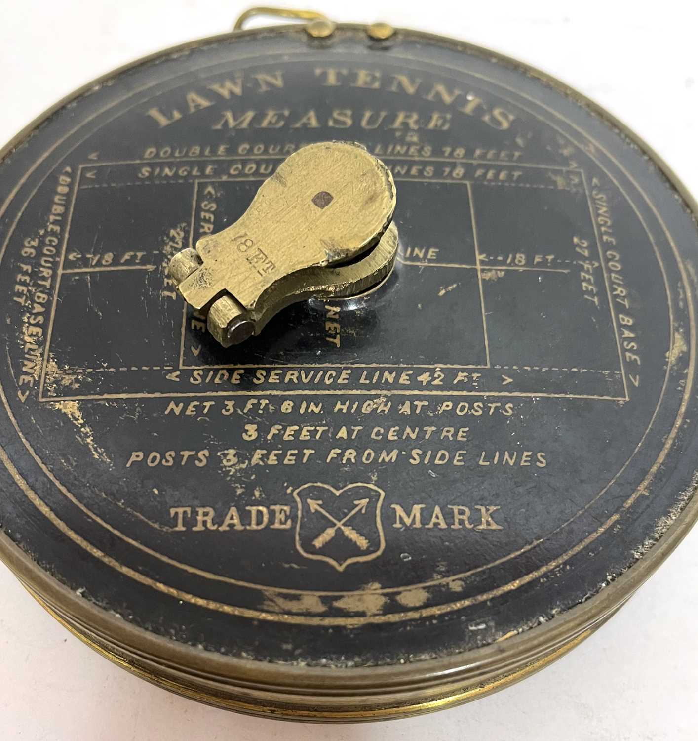 A rare early vintage lawn tennis measure in original case with Jappened court dimensions, printed - Image 9 of 10