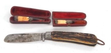 Mixed Lot: An antique "Encore" Turner & Co of Sheffield stag handled pruner pocket knife, 11.5cm