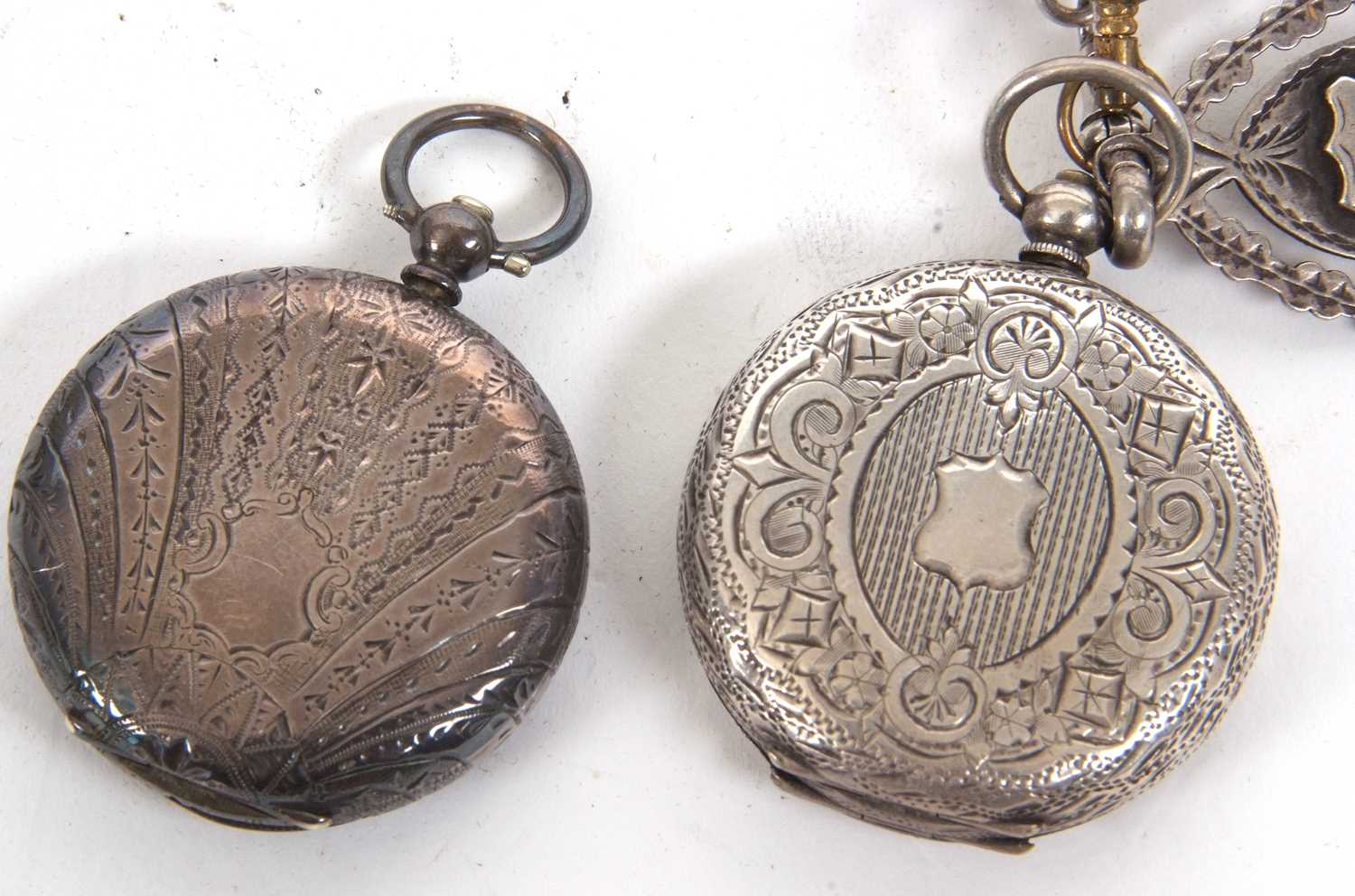 Two white metal lady's pocket watches and a chain the case backs are both stamped 0.935 on the - Image 8 of 8