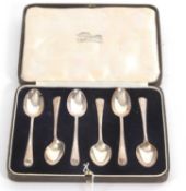 Cased set of six George VI silver teaspoons, Old English pattern with feathered edges, London