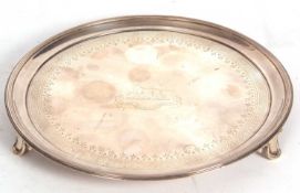 Victorian silver salver of round form, raised reeded edges, the centre engraved with a Latin verse
