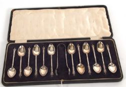 Cased set of twelve George V apostle teaspoons and matching tongs, Sheffield 1920, makers mark