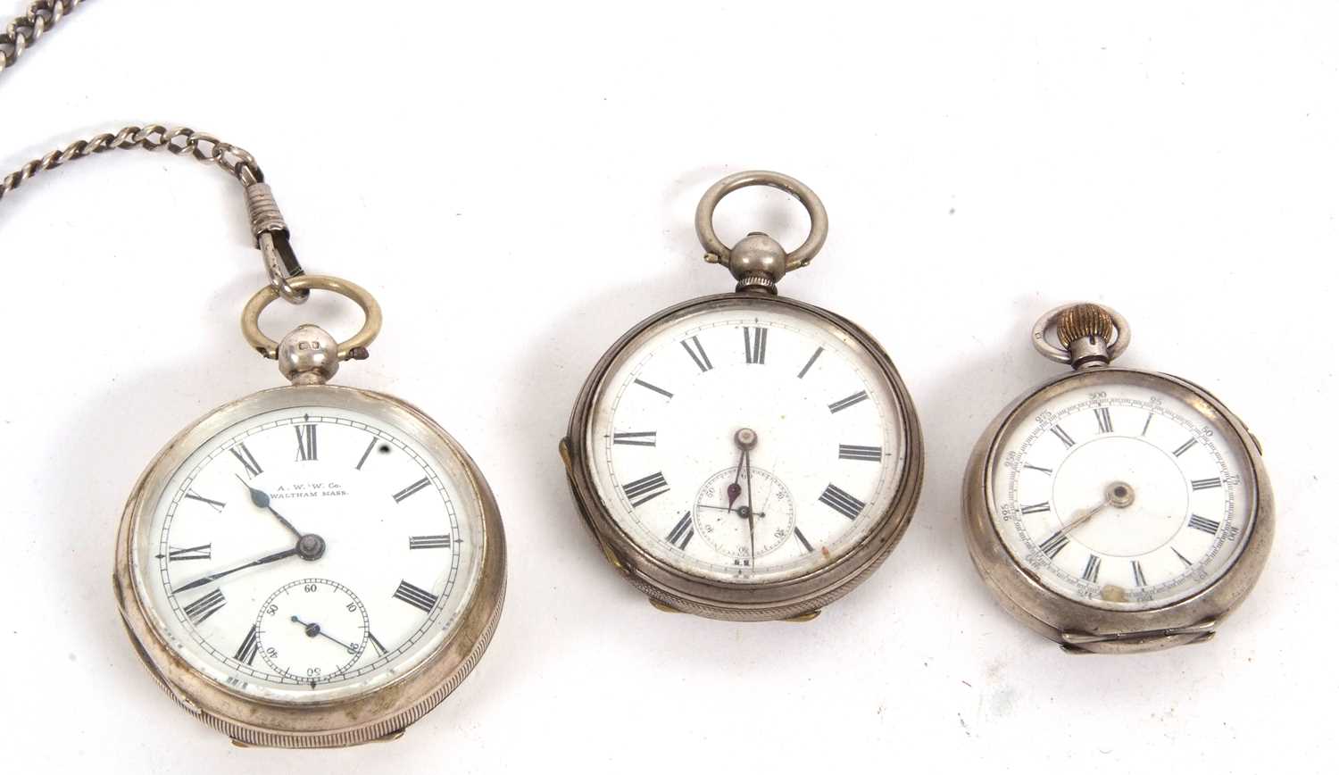 Three silver open face pocket watches, each with enamel dials (all a/f)