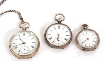 Three silver open face pocket watches, each with enamel dials (all a/f)