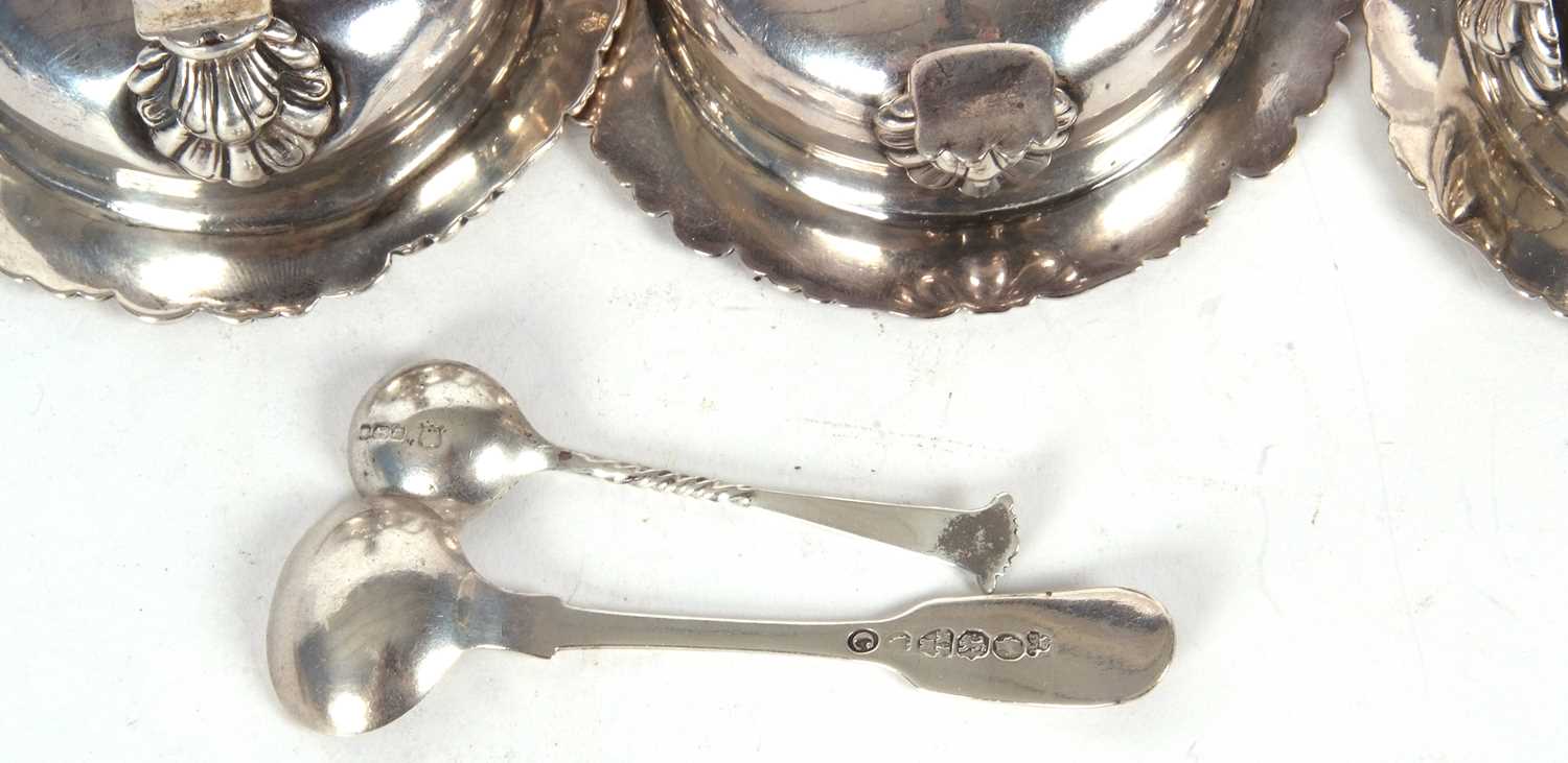 Three Georgian silver cauldron salt cellars having plain bodies with cast border of shells, - Image 7 of 7