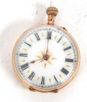 A yellow metal fob watch stamped in the case back 14k, it has a manually crown wound movement with