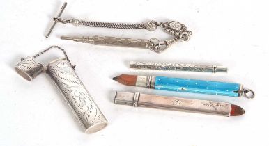 Mixed Lot: An enamel cased pencil holder marked sterling (enamel losses), a 925 marked pencil