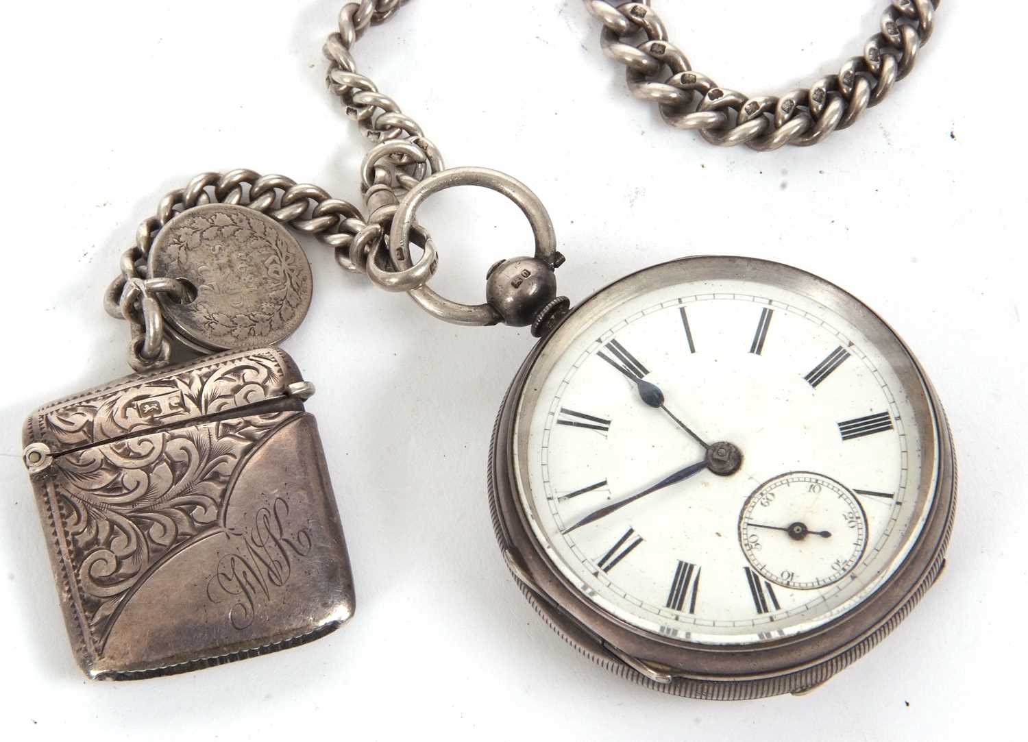 A silver pocket watch with silver albert chain and vesta case, all which are hallmarked for - Image 2 of 2
