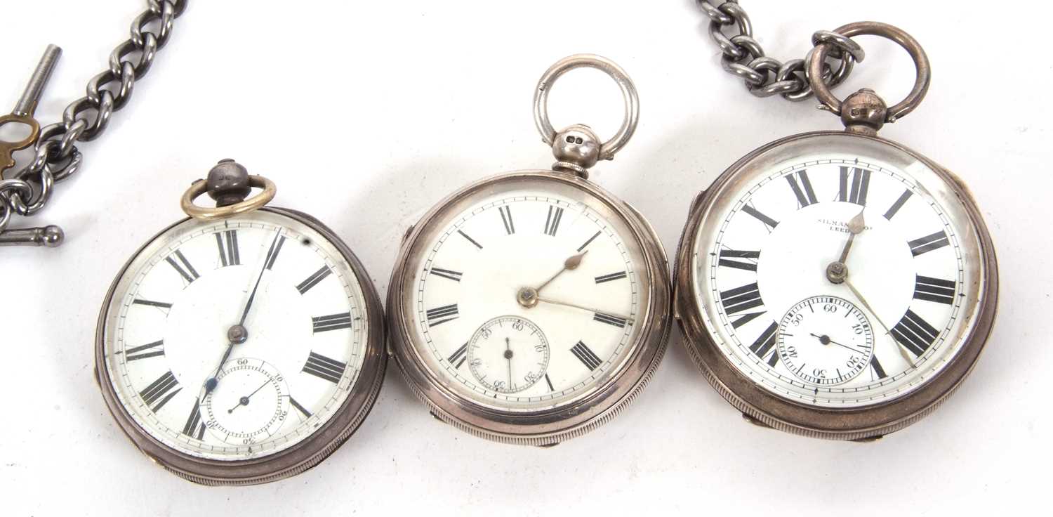 Three silver pocket watches and a chain, all pocket watches are hallmarked inside of the case back - Image 2 of 3