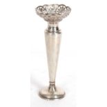 George V silver vase of plan tapering form having a pierced scalloped rim and loaded base, Sheffield