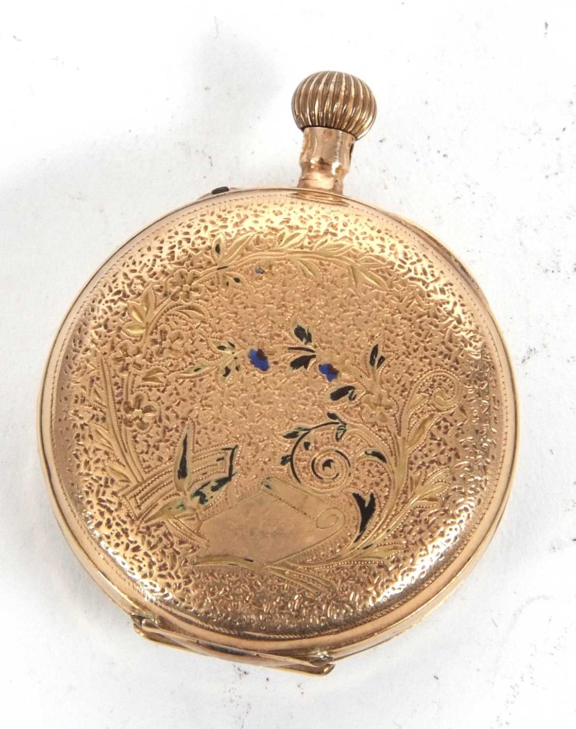 A yellow metal fob watch stamped in the case back 14k, it has a manually crown wound movement with - Image 2 of 2