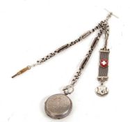 A metal Hunter pocket watch with a double albert chain, the pocket watch has a key wound movement