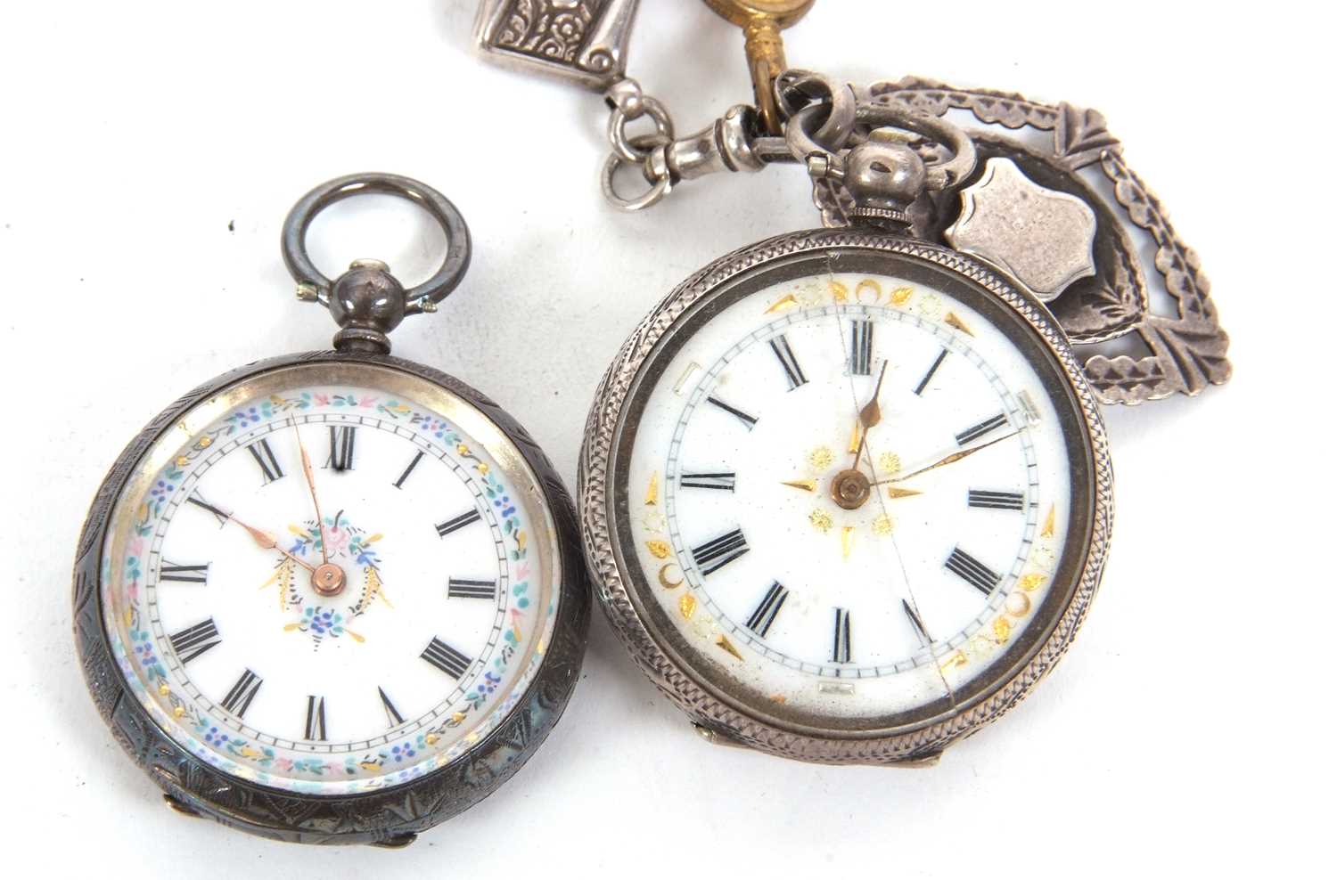 Two white metal lady's pocket watches and a chain the case backs are both stamped 0.935 on the - Image 6 of 8