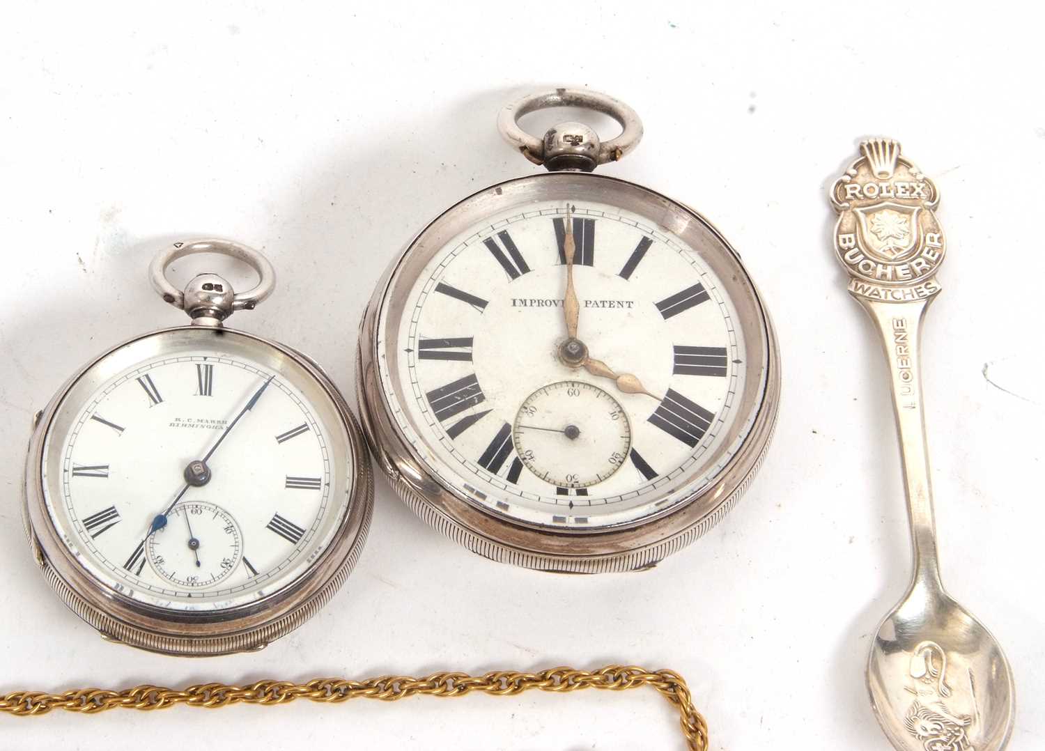 Mixed Lot: Two silver pocket watches, both of which are hallmarked, a Bouchere Rolex spoon and - Image 3 of 4