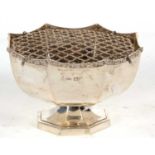 Hallmarked silver pedestal rose bowl of octagonal form having a Celtic design shaped rim, engraved