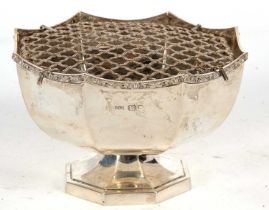 Hallmarked silver pedestal rose bowl of octagonal form having a Celtic design shaped rim, engraved