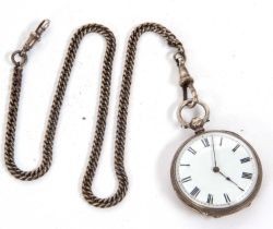 A white metal pocket watch with chain, the pocket watch is stamped on the inside of the case back