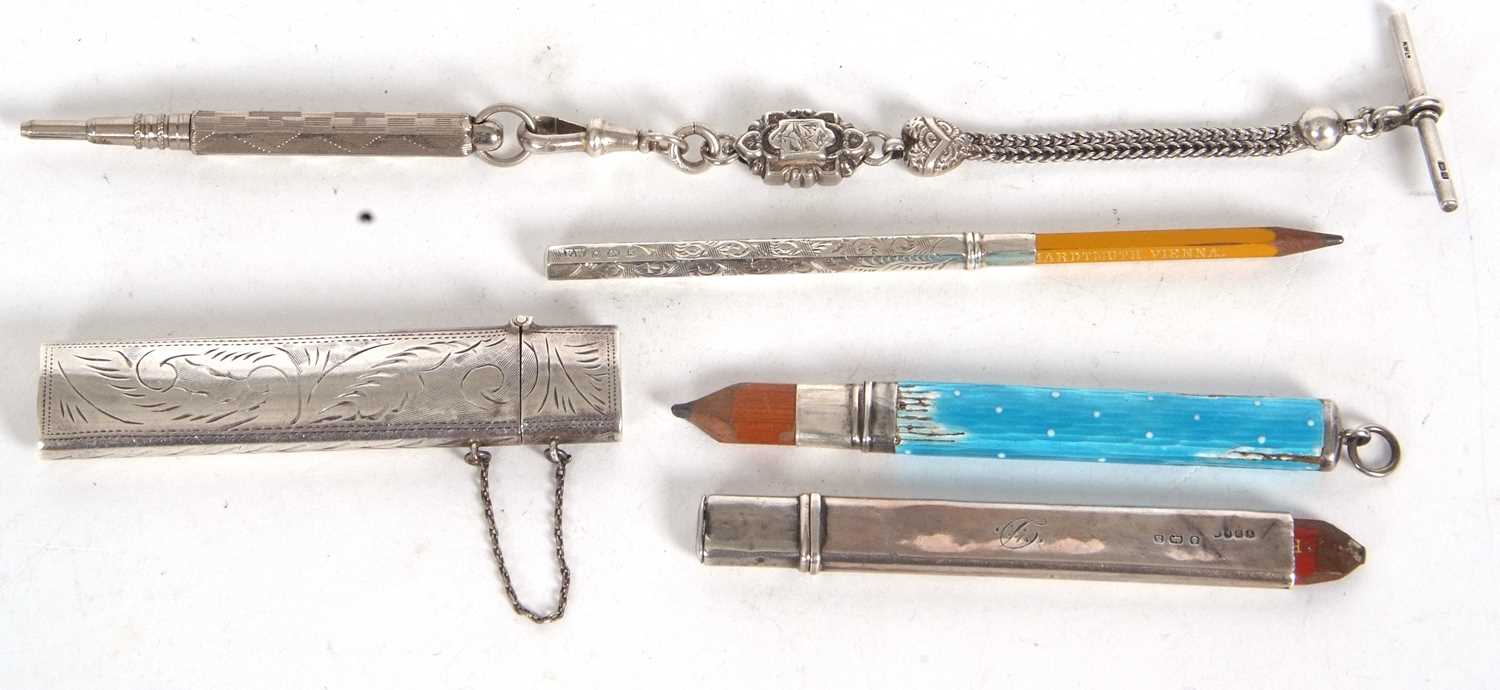 Mixed Lot: An enamel cased pencil holder marked sterling (enamel losses), a 925 marked pencil - Image 3 of 6