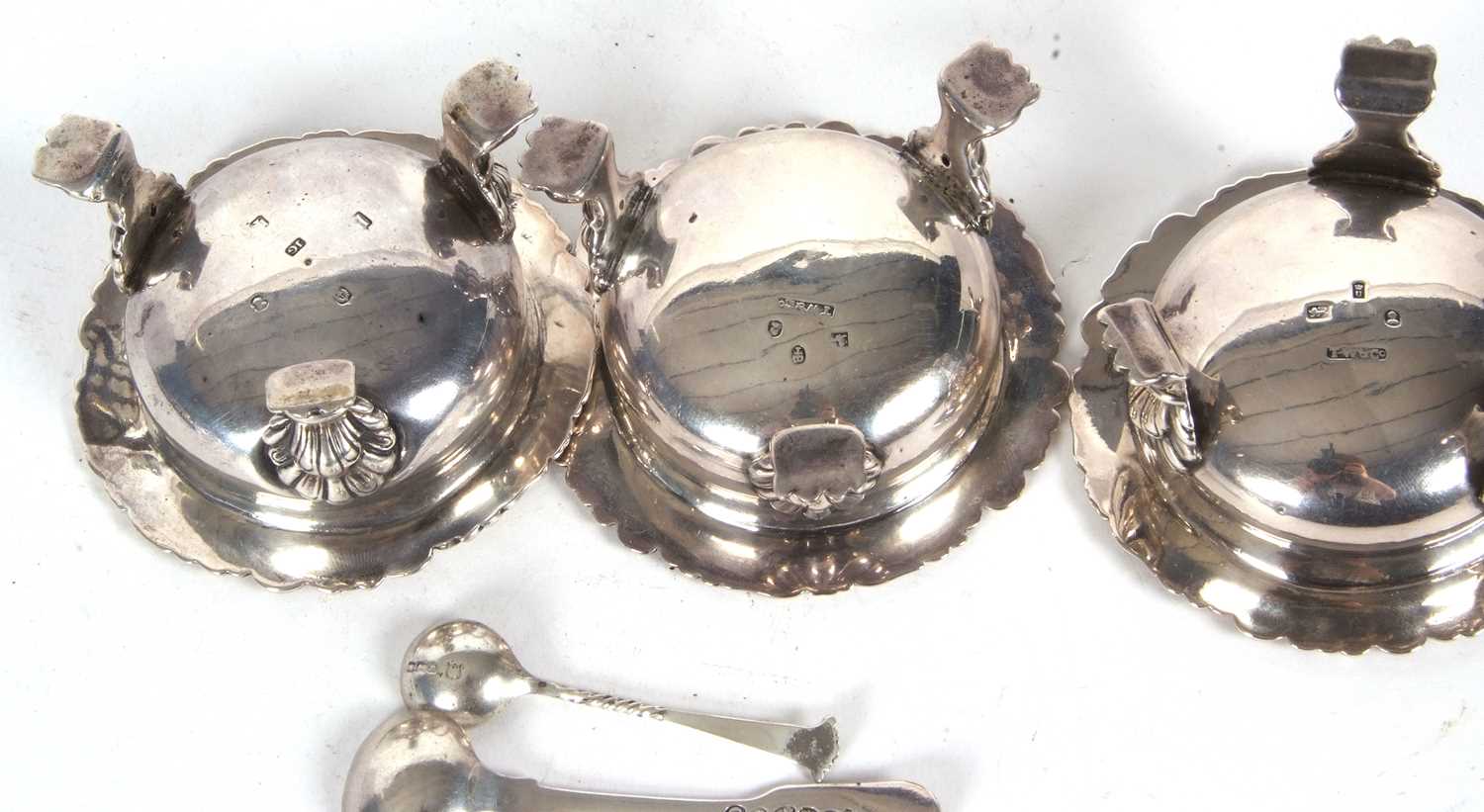 Three Georgian silver cauldron salt cellars having plain bodies with cast border of shells, - Image 6 of 7