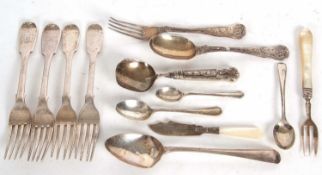 Mixed Lot: Four Victorian fiddle pattern dessert forks, Georgian dessert spoon (a/f), a Victorian