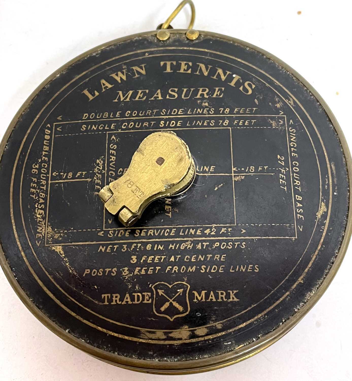 A rare early vintage lawn tennis measure in original case with Jappened court dimensions, printed - Image 2 of 10