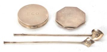 Mixed Lot: Two Mexican white metal long handle drinking straws, a hallmarked silver round shaped