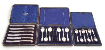 Mixed Lot: A cased set of Old English pattern tongs and six teaspoons, bright cut decorated,