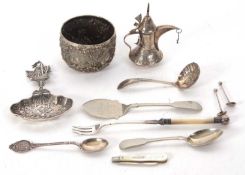 Mixed Lot: A small white metal dallah coffee pot stamped 925, a mother of pearl handle silver bladed