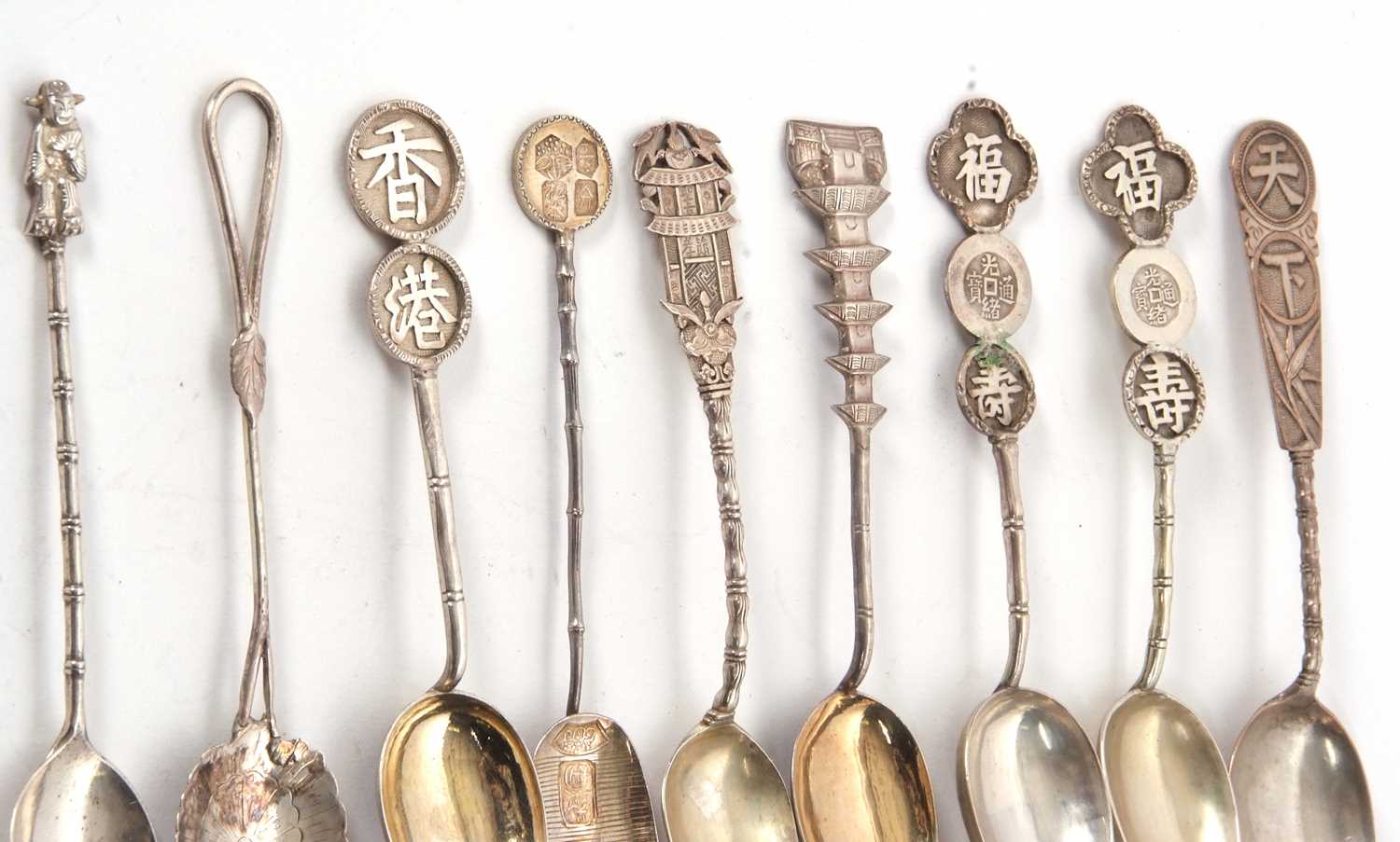 A group of eight Chinese white metal decorative teaspoons marked with character marks together - Image 2 of 4