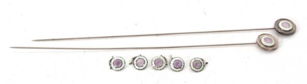 Two Art Deco silver and enamel hat pins and five matching dress buttons with purple guilloche