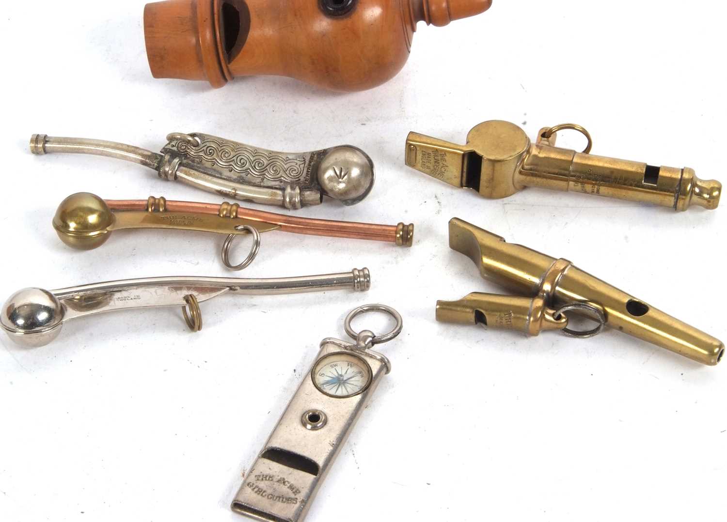 A group of seven various vintage whistles, to include three Bosuns whistles, Acmes Girl Guides - Image 2 of 3