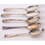 A group of five Georgian Old English and fiddle pattern serving spoons, various dates and makers