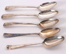A group of five Georgian Old English and fiddle pattern serving spoons, various dates and makers