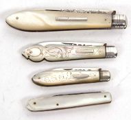 Mixed Lot: A late Victorian silver bladed mother of pearl handle fruit knife engraved to one side of