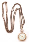 A yellow metal and enamel fob watch with chain, the pocket watch is stamped 0.535 inside the case