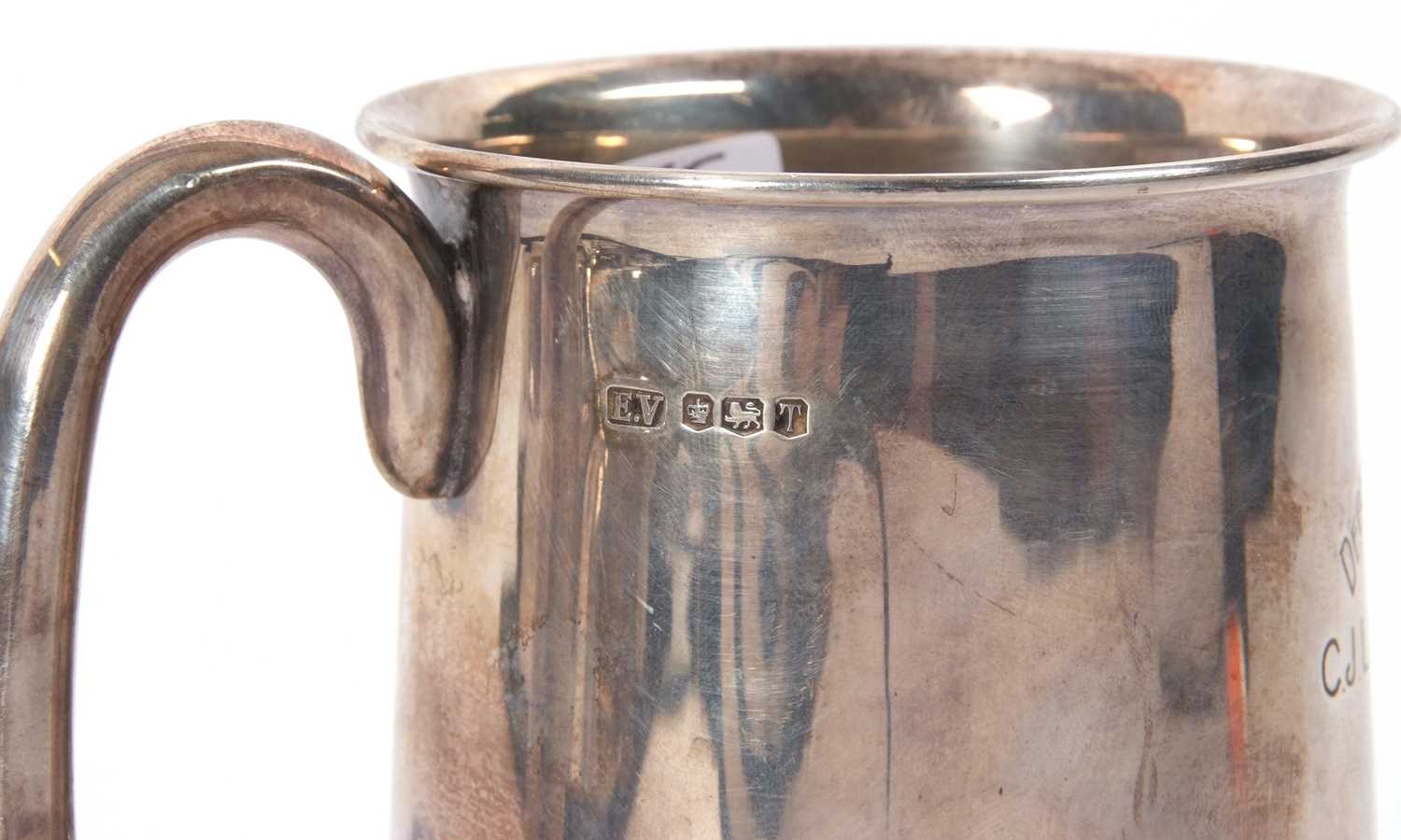 A hallmarked silver pint tankard of slight tapering form having a letter C scroll handle, engraved - Image 3 of 6