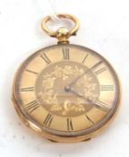 A yellow metal open face pocket watch stamped inside the case back D+D18k, the movement cover is
