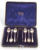 A cased set of Edwardian teaspoons and tongs, Hanoverian and rat tail pattern, Sheffield 1905,