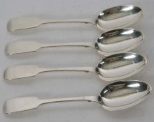 Four Victorian fiddle pattern silver dessert spoons, London 1877, makers mark for Goldsmiths