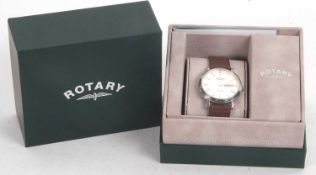 A Rotary Windsors gents wristwatch, the watch has a stainless steel case and leather strap, it has a