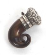 A small Victorian Scottish snuff mull, silver mounted, circa 1830, the lid embossed with leaves
